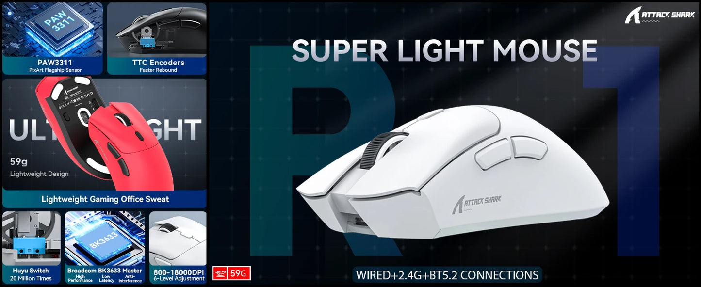 Rato Gaming Tri-Mode ATTACK SHARK R1, Sensor PixArt PAW3311, 18000 DPI, 1000hz, ultraleve 59g para mãos grandes, para PC/Mac