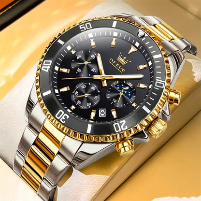 OLEVS men’s watch, luxury brand, gold-coloured military-style quartz watch, water-resistant, luminous date display, stainless steel case.