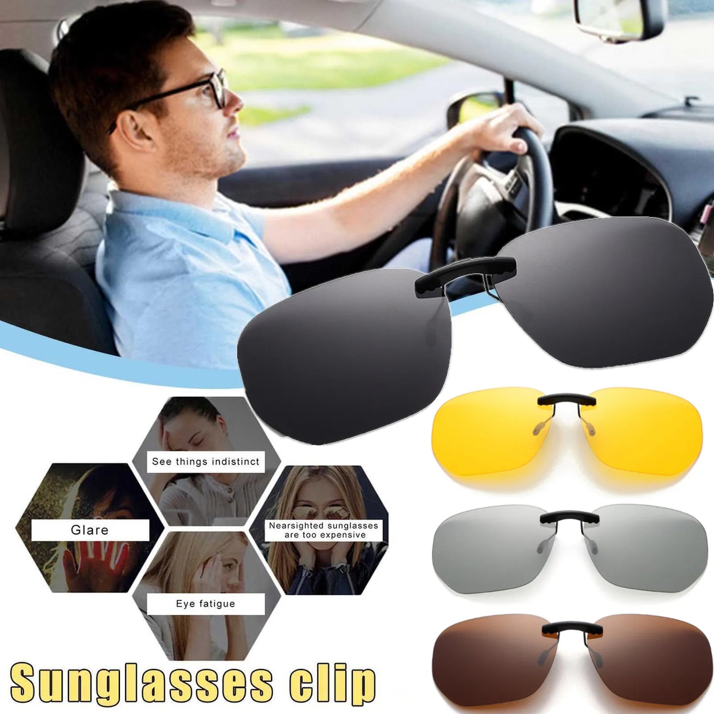 KLASSNUM Driving Clip On Sunglasses for Men Myopia Eyeglasses Polarized Women Square Night Vision Fishing UV400 Sun Glasses 2023