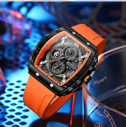 CURREN Tonneau Dial Sport Watch for Men Fashion Waterproof Quartz Wristwatch with Auto Date Yellow Silicone Strap Luminous