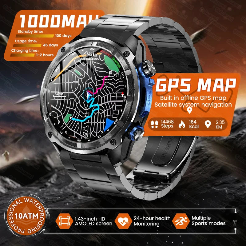 New Men TANK GPS Map Smart Watch Outdoor Compass 1000mAh Large Battery 10ATM Waterproof Bluetooth Call Sports AMOLED Smartwatch