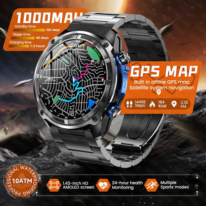 New Men TANK GPS Map Smart Watch Outdoor Compass 1000mAh Large Battery 10ATM Waterproof Bluetooth Call Sports AMOLED Smartwatch