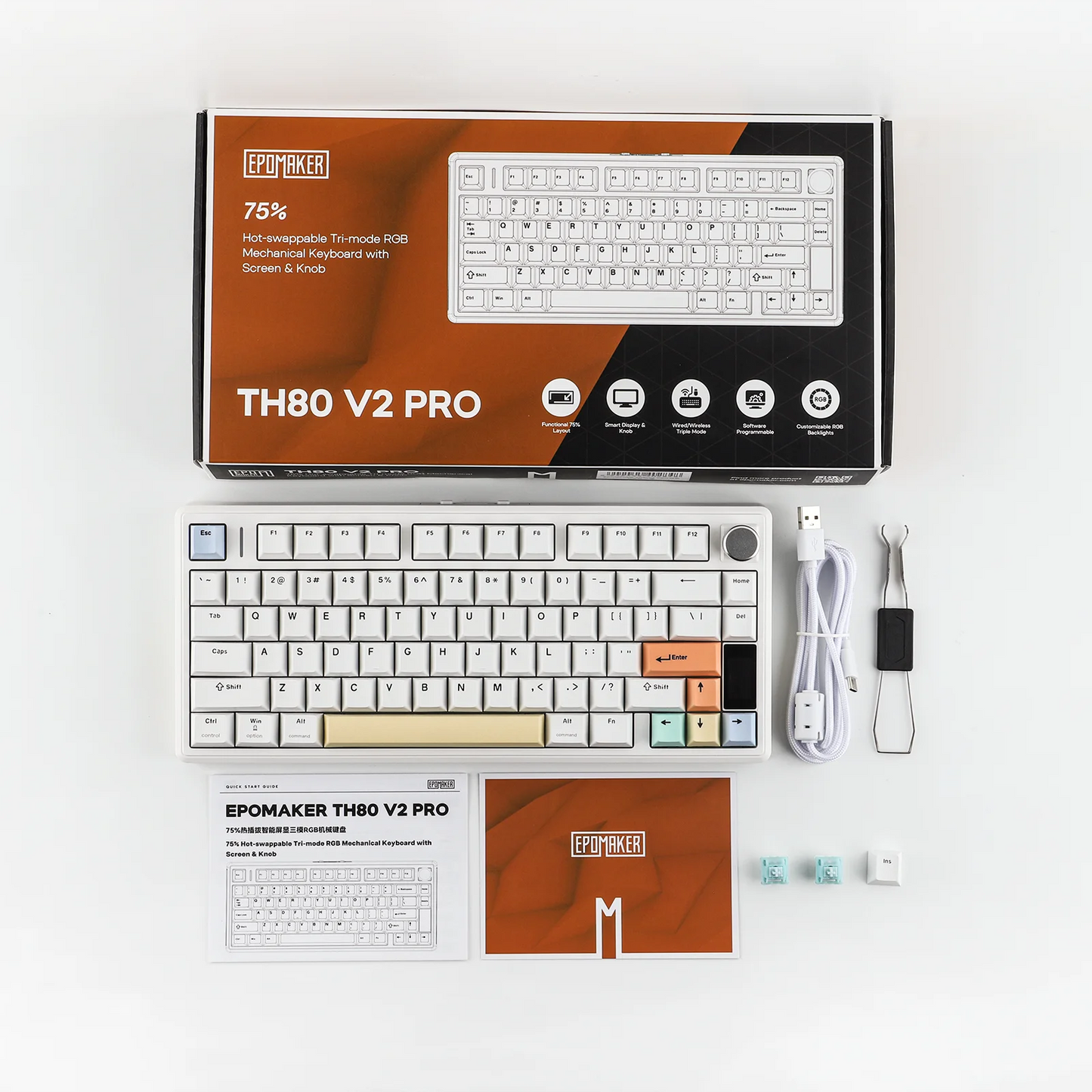 EPOMAKER TH80 V2 PRO 75% ANSI US Layout Wired/Bluetooth/2.4Ghz Wireless Mechanical Gaming Keyboard with Screen/ Knob & 10000mAh
