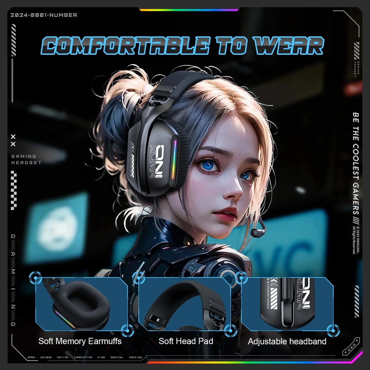 ONIKUMA GT828 Wireless Gaming Headset Bluetooth 5.3 RGB Headphones with Mic, Noise Cancelling, 4-Mode Connection for PC, PS5 & Laptop