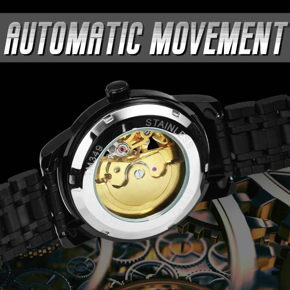 WINNER Classic Mechanical Watches Luxury Diamond Dial Black Gold Skeleton Automatic Mens Watch Stainless Steel Strap Wristwatch