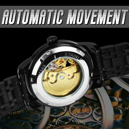 WINNER Classic Mechanical Watches Luxury Diamond Dial Black Gold Skeleton Automatic Mens Watch Stainless Steel Strap Wristwatch