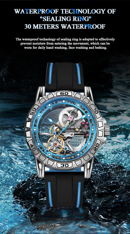 MUSANFIGO hollowed out fully automatic men's watch with mechanical movement, men's night light waterproof trendy watch
