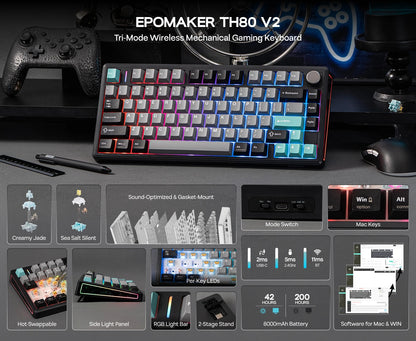 EPOMAKER TH80 V2 75% ANSI US Layout Gasket Tri-mode Wireless Mechanical Gaming Keyboard with 8000mAh Battey & RGB Backlight