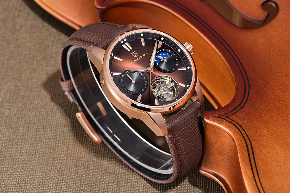 PAGANI DESIGN – Relógio mecânico de luxo para homem, 41 mm, vidro de safira, bracelete em pele, estanque, estilo piloto, com turbilhão e fase lunar