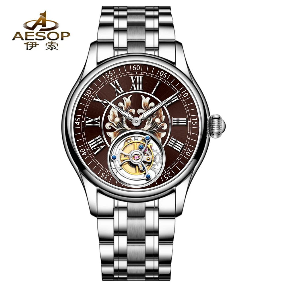 aesop Men's Watch Automatic Movement Mechanical Tourbillon Watch Skeleton Design Stainless Steel Case Waterproof Men's Watch 202