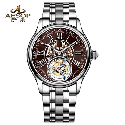 aesop Men's Watch Automatic Movement Mechanical Tourbillon Watch Skeleton Design Stainless Steel Case Waterproof Men's Watch 202