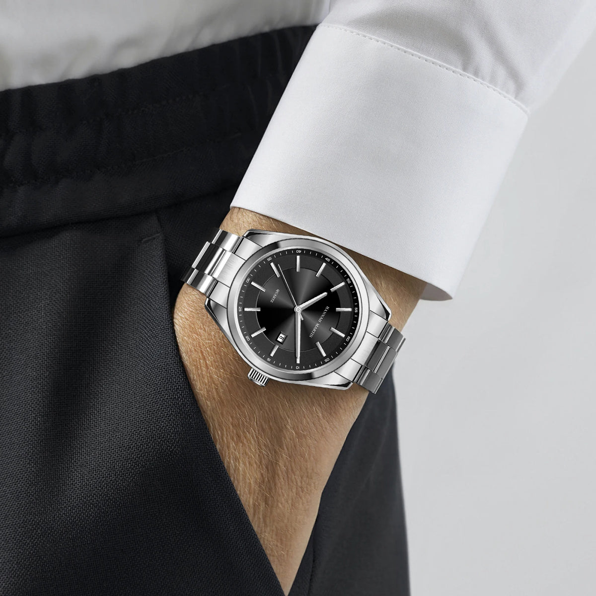 Ceas cu cuarț HANNAH MARTIN, 40 mm, pentru bărbați, brățară din oțel inoxidabil negru, rezistent la apă până la 3 bari, stil sport-chic