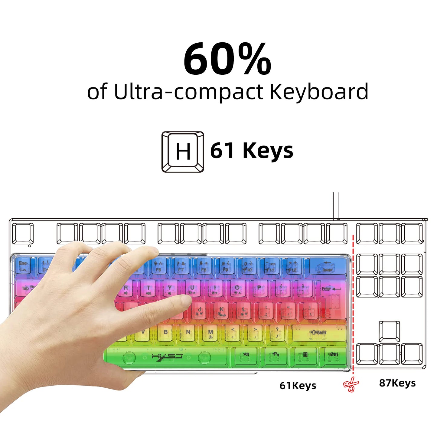 HXSJ V700 60% Wired Transparent Gaming Keyboard, RGB Backlit 61 Keys Compact USB Gaming Keyboard for PC, Mac & Laptop