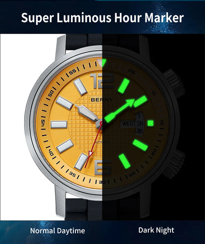 BERNY 20ATM Diver Automatic Mechanical Watch for Men Super Luminous Waterproof Swimming Dive Wristwatch Sapphire Self Winding