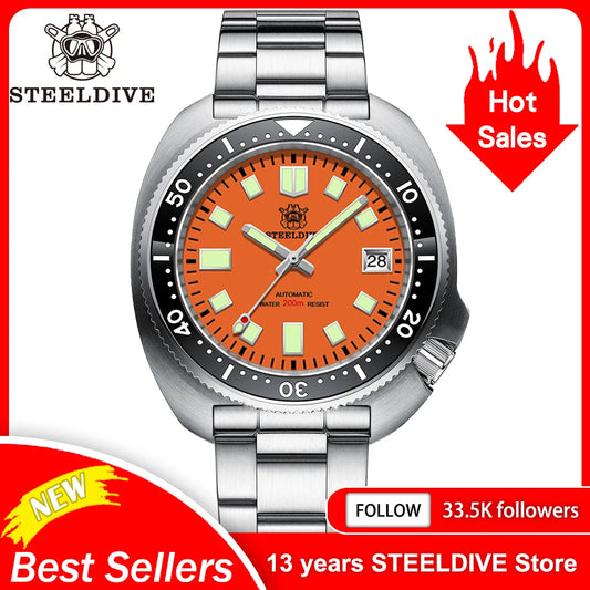 STEELDIVE New Arrival 44mm SD1974 Orange Dial Ceramic Bezel Super Luminous 200m NH35 Automatic Dive Watch with Milled Clasp