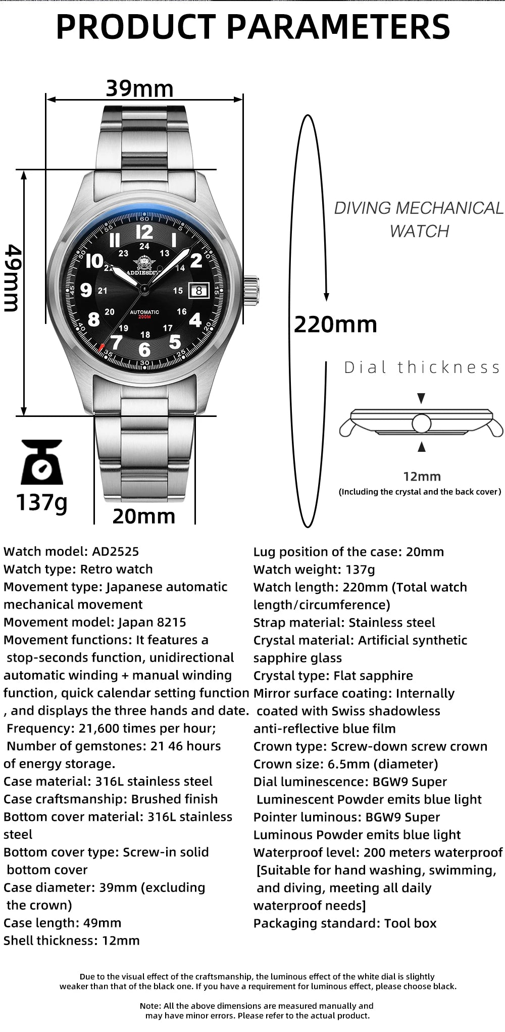 ADDIESDIVE Men's Retro Mechanical Watch Sapphire Mirror Glass Stainless Steel Watch BGW9 Luminous 200m Waterproof Analog Watch