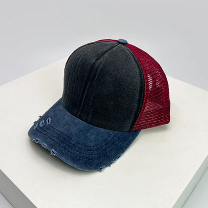 New Unisex Color Block Broken Style Baseball Hats Distress Breathable Mesh Sunshade Retro Trucker Caps Versatile Simple Fashion