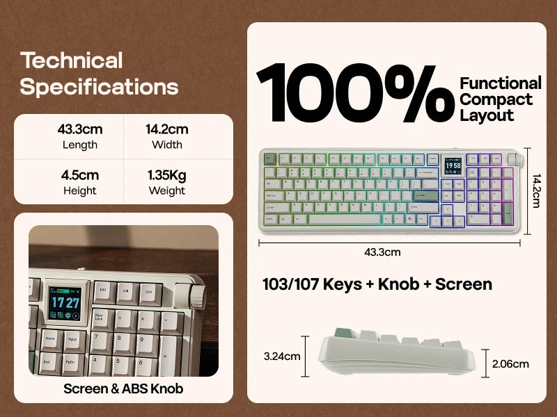 EPOMAKER RT100 PRO 100% ANSI US Layout Gasket Wired/Bluetooth/2.4Ghz Wireless Mechanical Keyboard 1.54” Screen & Volume Knob