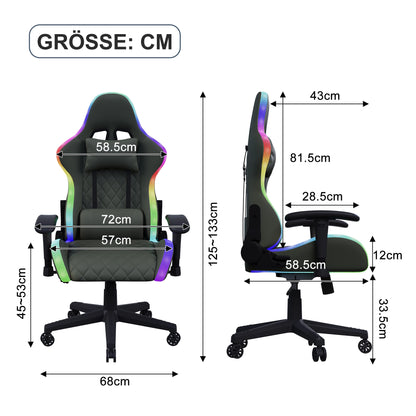 Fangange Ergonomic Gaming Chair with Massage Function, LED Light, Adjustable Reclining Computer Chair with Lumbar Support Pillow, 150KG