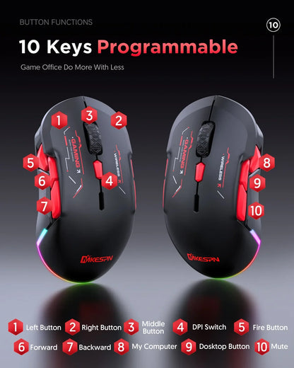 Mouse gaming macro MKESPN W12 cu 10 butoane, ambidextru, wireless Bluetooth, multicanal, tri-mode, ergonomic, RGB mare