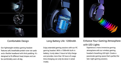 Gaming-Headset mit abnehmbarem Mikrofon mit Geräuschunterdrückung – kabelloses 3-Modi-Gaming-Headset mit Bluetooth 5.3, 2.4G USB und kabelgebundenem 3.5mm-Anschluss sowie 50mm-Treibern