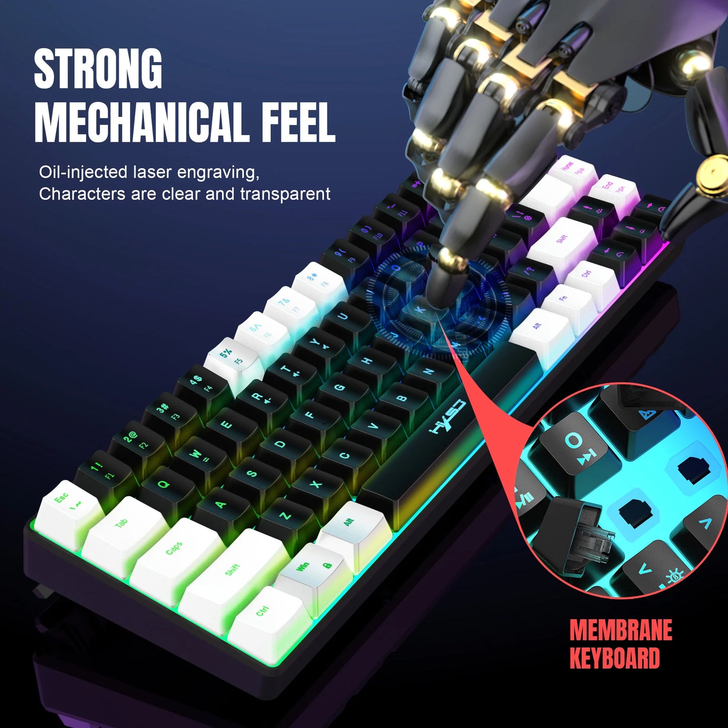 68 Keys Gaming Keyboard USB Wired Portable 20 RGB Backlight Keyboard Black and White Keycaps for Windows Laptops Computer