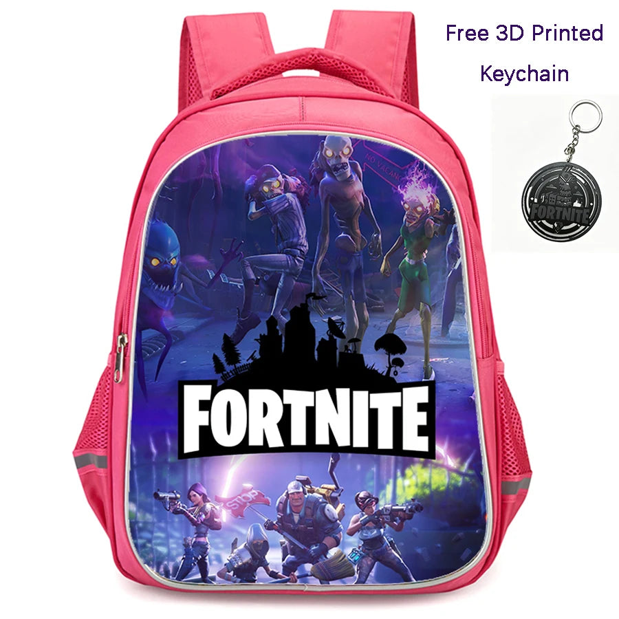 Mochila FORTNITE de 16 polegadas, resistente e leve, bolsos duplos com fecho, estilo cartoon para rapazes e raparigas dos 6 aos 10 anos, porta-chaves 3D impresso grátis