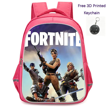 Mochila FORTNITE de 16 polegadas, resistente e leve, bolsos duplos com fecho, estilo cartoon para rapazes e raparigas dos 6 aos 10 anos, porta-chaves 3D impresso grátis