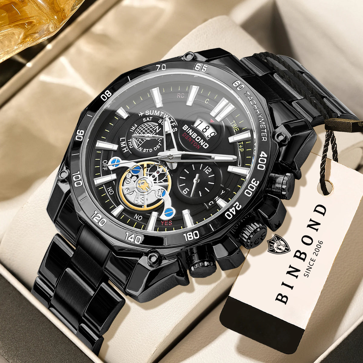 BINBOND luxury quartz watches for men: luminous, water-resistant, with automatic date display, accurate and durable, in a sporty and business style.