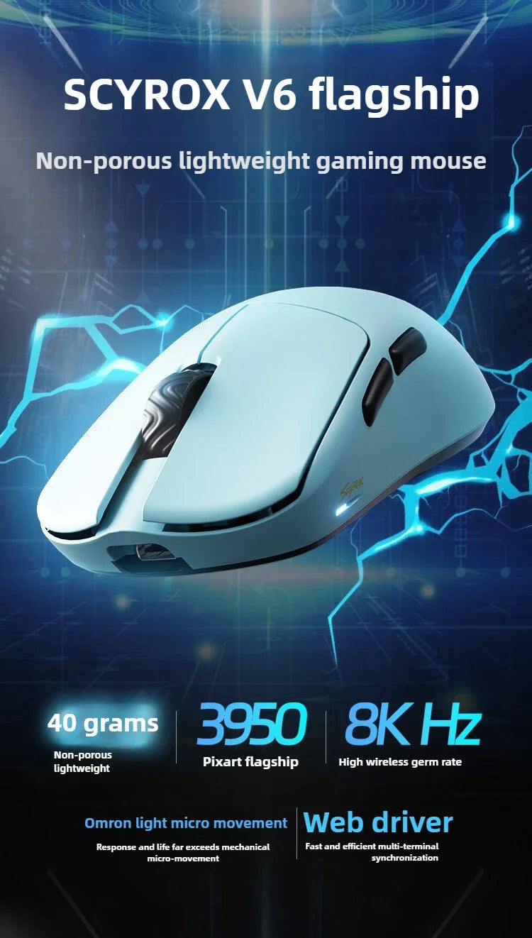 SCYROX V6 Wireless Gaming Mouse 40g Ultra-Light, PAW3950 Sensor, 24,600 DPI, 8KHz Polling Rate, 750 IPS, 2.4GHz Esports Gaming Mouse