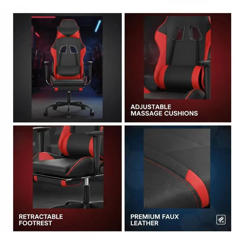 Massage Gaming Chair with Footrest Black and Red 66X56X120.5-131 cm in Imitation Leather, Reclining 360° Swivel Chair Maximum 110 kg