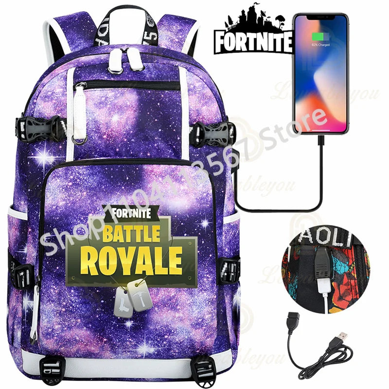 Ultima Knight F-Fortnited Battle Royale Backpack with USB Charging Anime Figures Study Stationery Compartment for Students