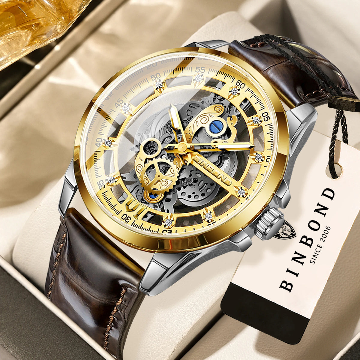 Montre-bracelet à quartz vintage ajourée BINBOND pour homme, lumineuse, étanche, précise et durable, style décontracté.