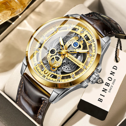 Montre-bracelet à quartz vintage ajourée BINBOND pour homme, lumineuse, étanche, précise et durable, style décontracté.