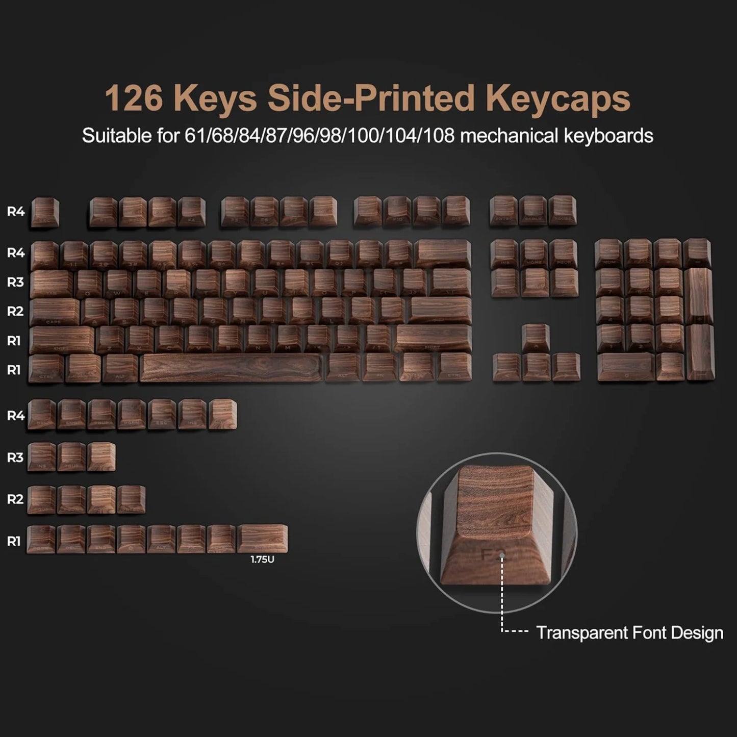 Wood Grain, Side Engraved Translucent Cherry Keycap PBT 126 Keys, Customized for 60/84/98/108 Mechanical Keyboard