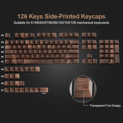 Wood Grain, Side Engraved Translucent Cherry Keycap PBT 126 Keys, Customized for 60/84/98/108 Mechanical Keyboard