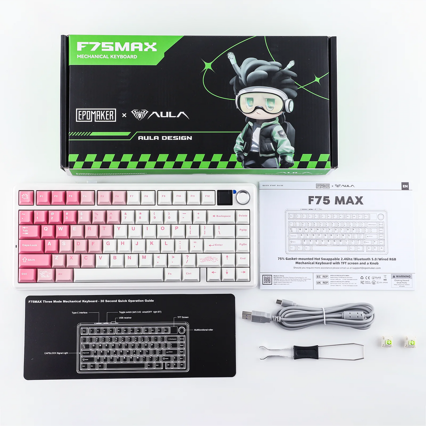 EPOMAKER X AULA F75 MAX Compact 75% Wired/BT5.0/2.4GHz Wireless Mechanical Gaming Keyboard with TFT Screen & Knob for PC/Mac