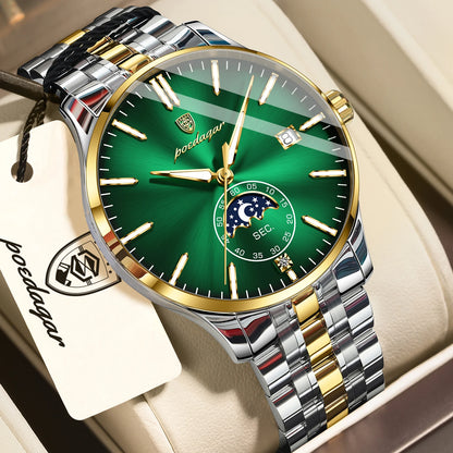 Relógio de luxo para homem POEDAGAR, estilo casual, em aço inoxidável, com movimento de quartzo, à prova de água, luminoso, com data, elegante.