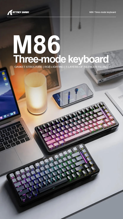 Attack Shark M86 Wireless Mechanical Keyboard 75% Compact RGB Backlit Hot-Swappable Side-Printed PBT Keycaps Tri-Mode 4000mAh