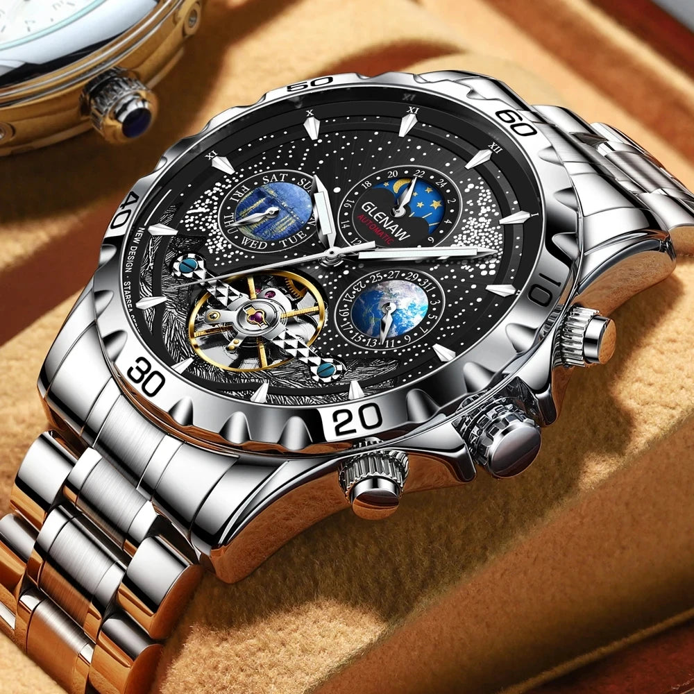 Relojes para hombre GLENAW Design, marca líder de lujo, moda y negocios, reloj automático impermeable para hombre, reloj mecánico para hombre