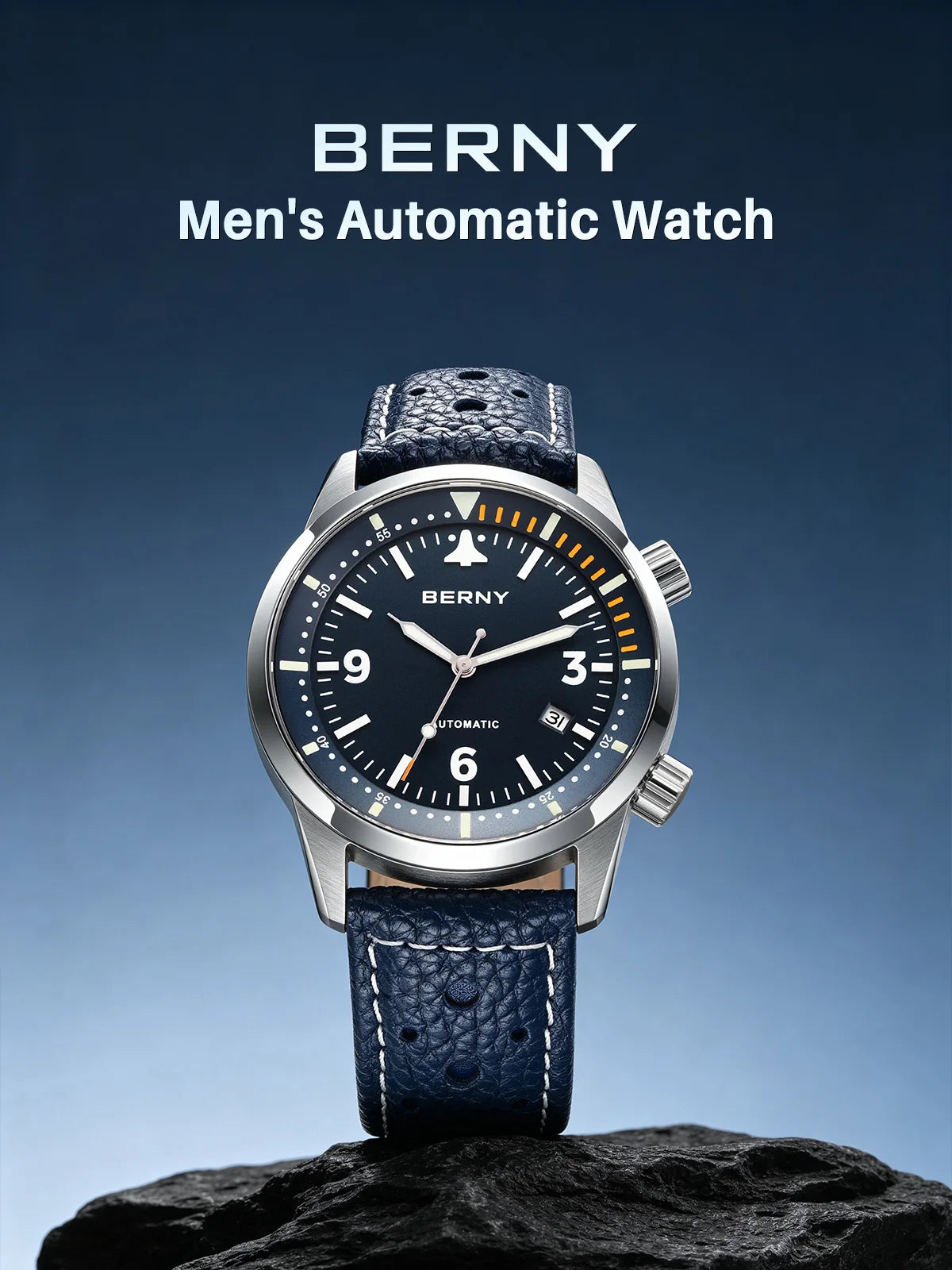 BERNY Men's Automatic Diver Watch Supper Luminous Sapphire AR Coated MlYOTA 8215 Leather Strap Mechanical Diving Watches for Men