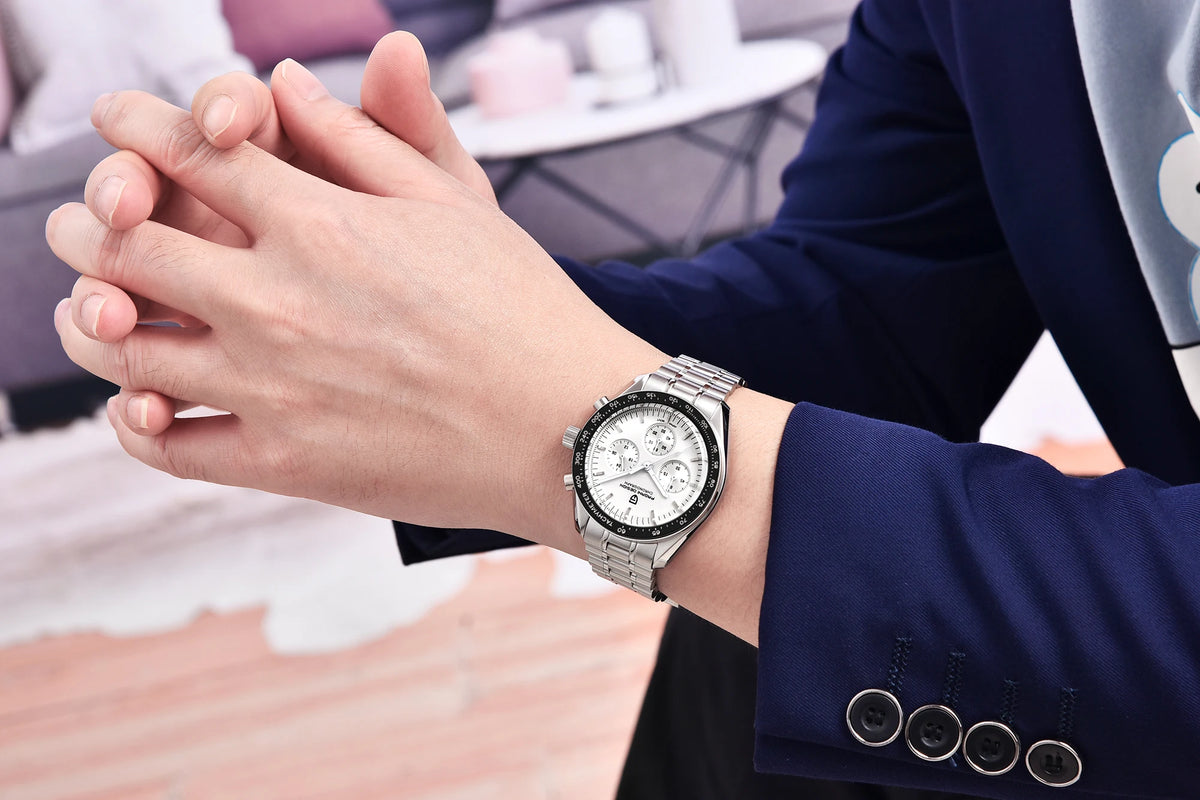 Reloj para hombre PAGANI DESIGN «New Moon» – Reloj de cuarzo de lujo, cronógrafo, cristal de zafiro con tratamiento antirreflectante, bisel de cerámica, agujas luminiscentes