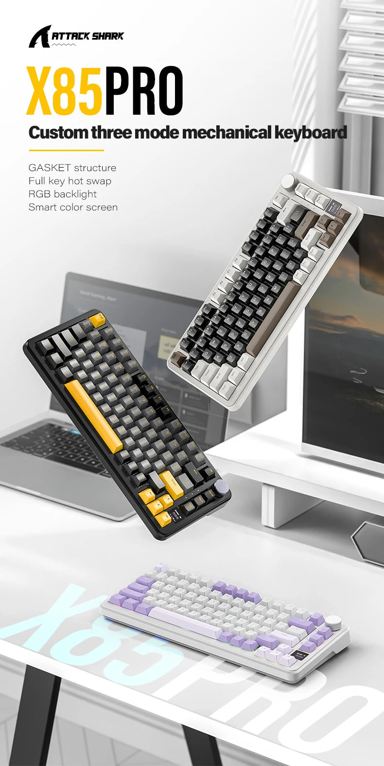ATTACK SHARK X85/X85Pro Wireless Mechanical Keyboard 75% 82 Keys Tri-Mode Bluetooth Wird RGB Hot Swap Gasket Knob Large battery