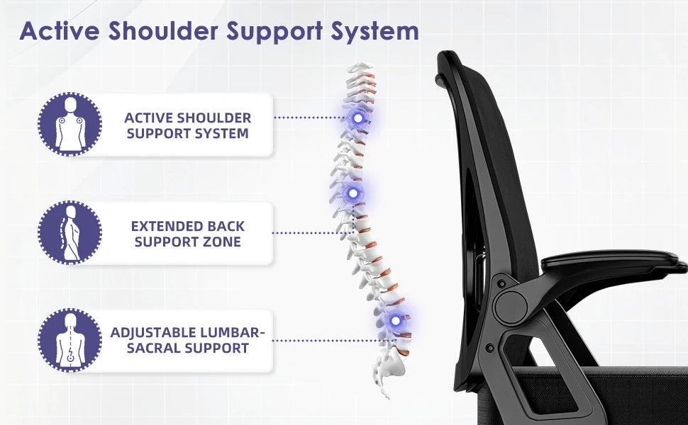 AUTHMIC Ergonomic Office Chair with Lumbar Support, Mesh Back, Flip-Up Armrests, Adjustable Height, Reclining Desk Chair for Home Office