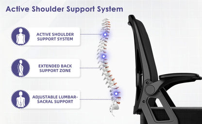 AUTHMIC Ergonomic Office Chair with Lumbar Support, Mesh Back, Flip-Up Armrests, Adjustable Height, Reclining Desk Chair for Home Office