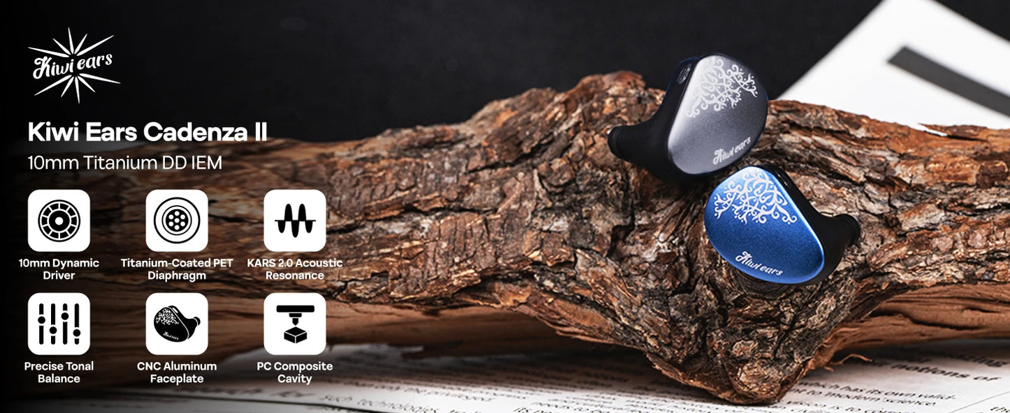 Auscultadores intra-auriculares HiFi Linsoul Kiwi Ears Cadenza II IEM com driver dinâmico de titânio de 10mm, KARS 2.0 e cabo amovível