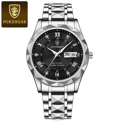 POEDAGAR Business Luxury Herrenuhr, wasserdicht, aus Edelstahl, beleuchtet, mit Datum und Wochentag, im Sport-Stil, mit Quarzwerk.