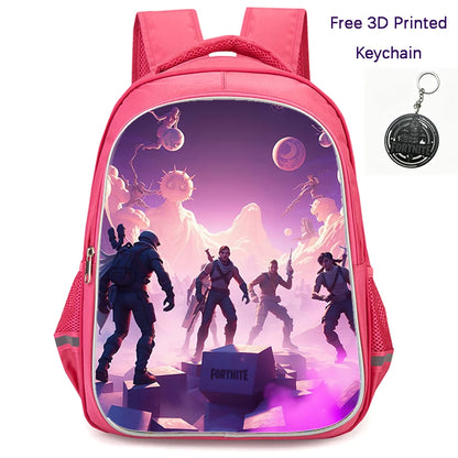 Mochila FORTNITE de 16 polegadas, resistente e leve, bolsos duplos com fecho, estilo cartoon para rapazes e raparigas dos 6 aos 10 anos, porta-chaves 3D impresso grátis