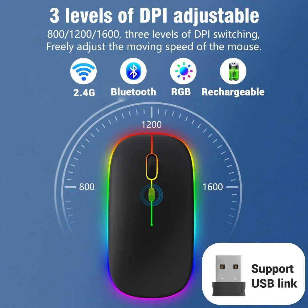 Безжична презареждаема мишка с два режима, съвместима с Bluetooth, 2.4G USB компютърна мишка за лаптоп, iPad, таблет и Notebook, геймърска мишка