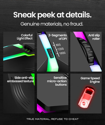 Ratón gaming USB con cable RGB retroiluminado, botón de silencio, LED luminoso y 1600DPI para PC de escritorio, portátil, ordenador, hogar y oficina